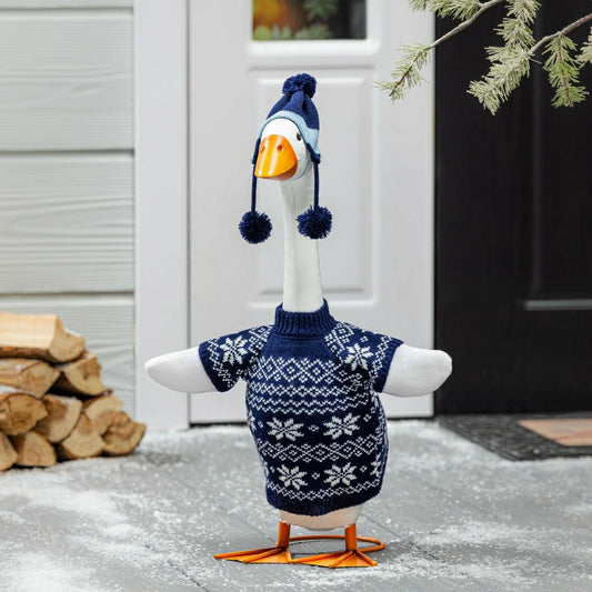 Plow & Hearth Giddy The Goose, Metal Porch Statue With Winter Sweater Outfit, 21"H