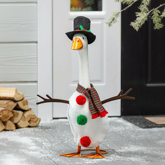 Plow & Hearth Giddy The Goose, Metal Porch Statue With Snowman Outfit, 21"H