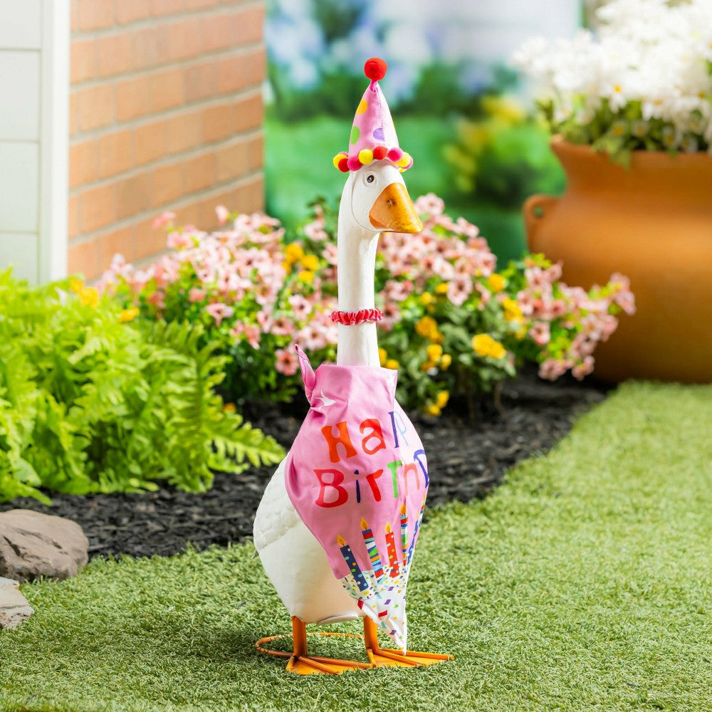 Plow & Hearth Giddy The Goose, Metal Porch Statue With Pink Birthday Outfit, 21"H