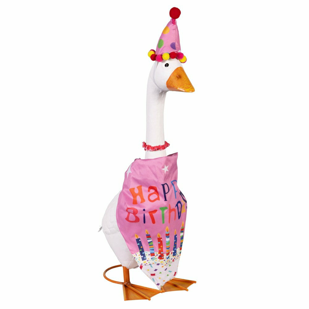 Plow & Hearth Giddy The Goose, Metal Porch Statue With Pink Birthday Outfit, 21"H