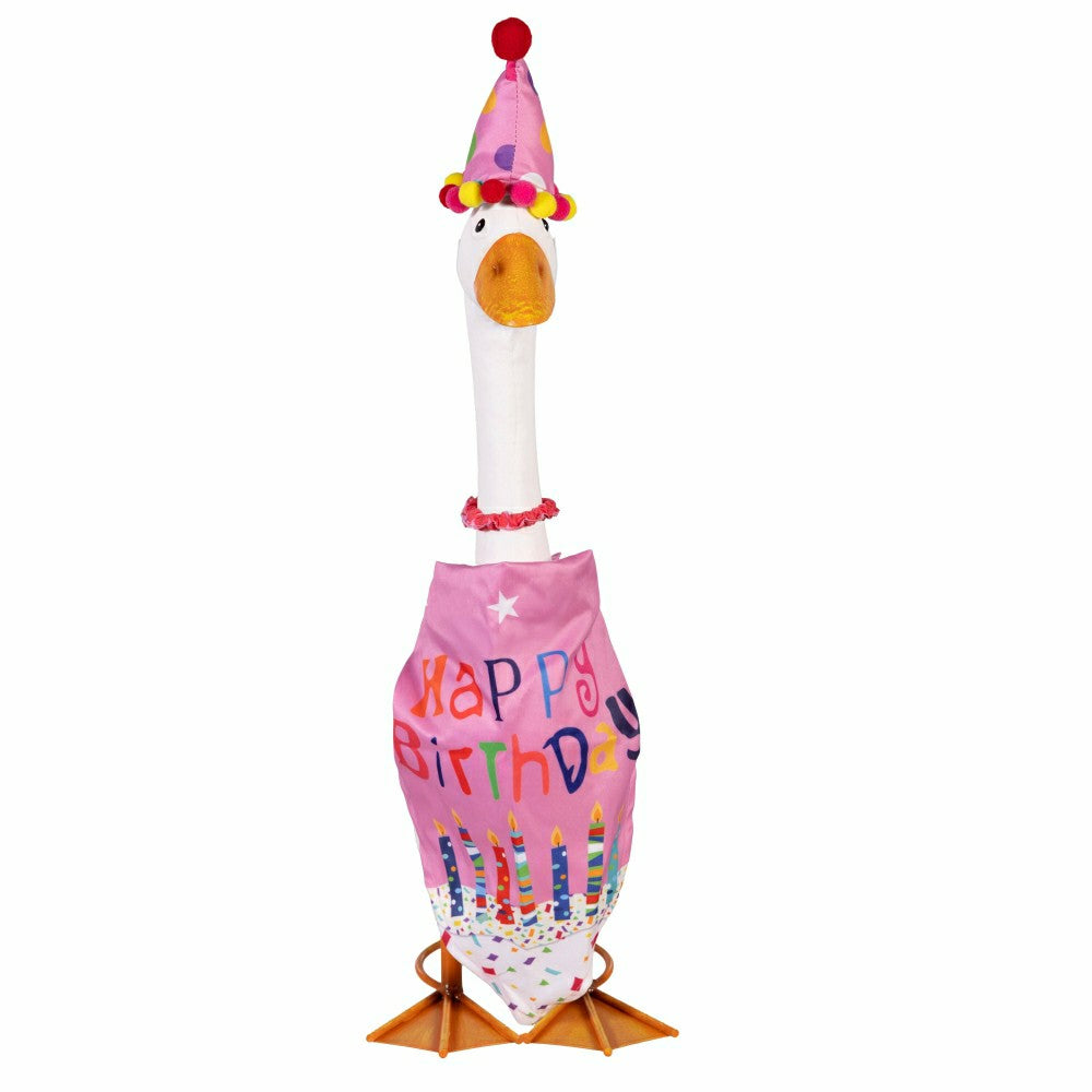 Plow & Hearth Giddy The Goose, Metal Porch Statue With Pink Birthday Outfit, 21"H