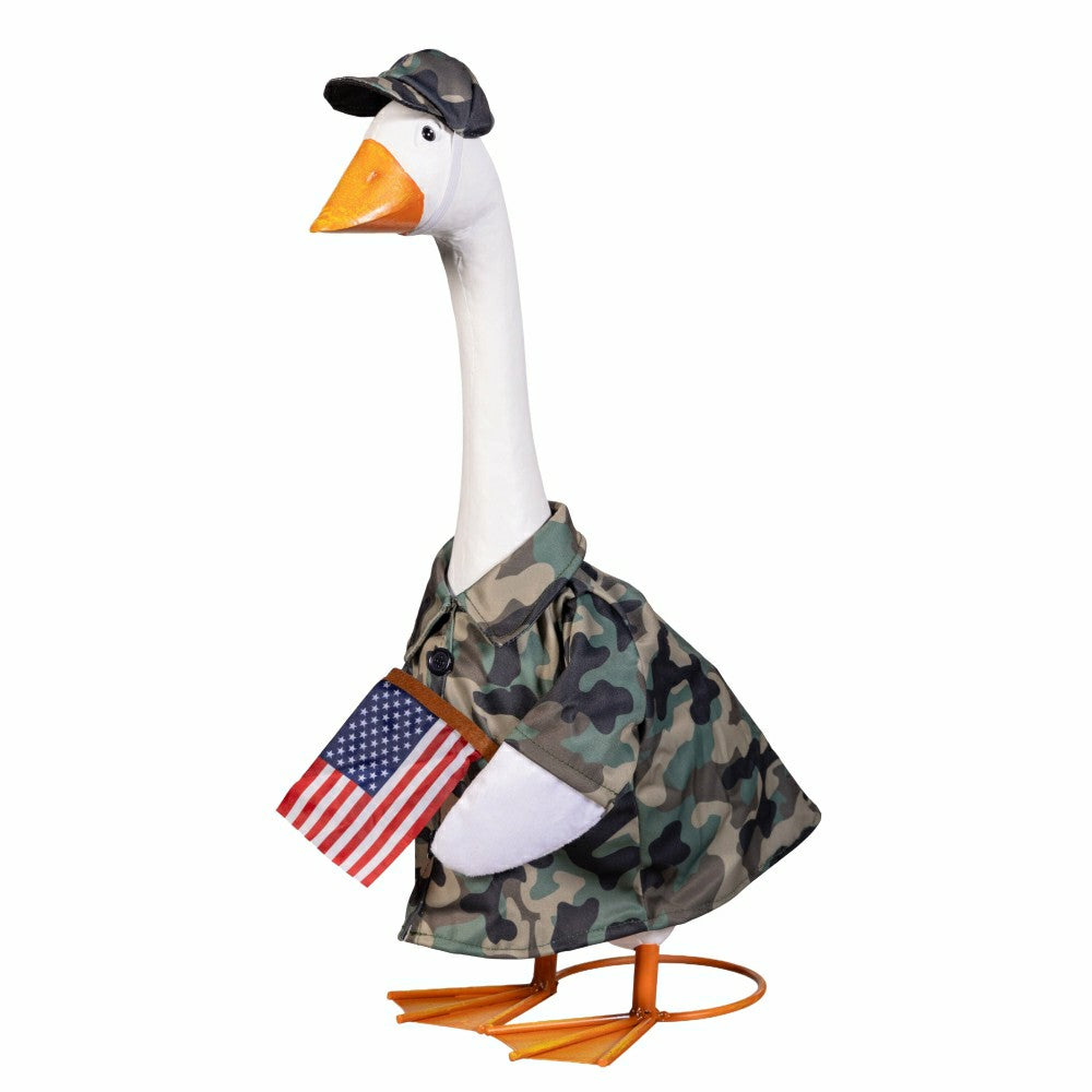 Plow & Hearth Giddy The Goose, Metal Porch Statue With Military Camo Outfit, 21"H