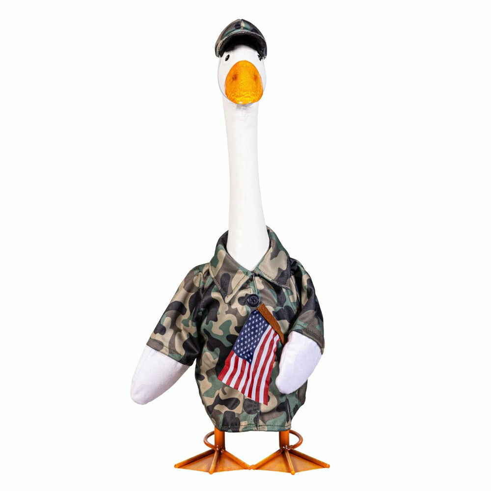 Plow & Hearth Giddy The Goose, Metal Porch Statue With Military Camo Outfit, 21"H