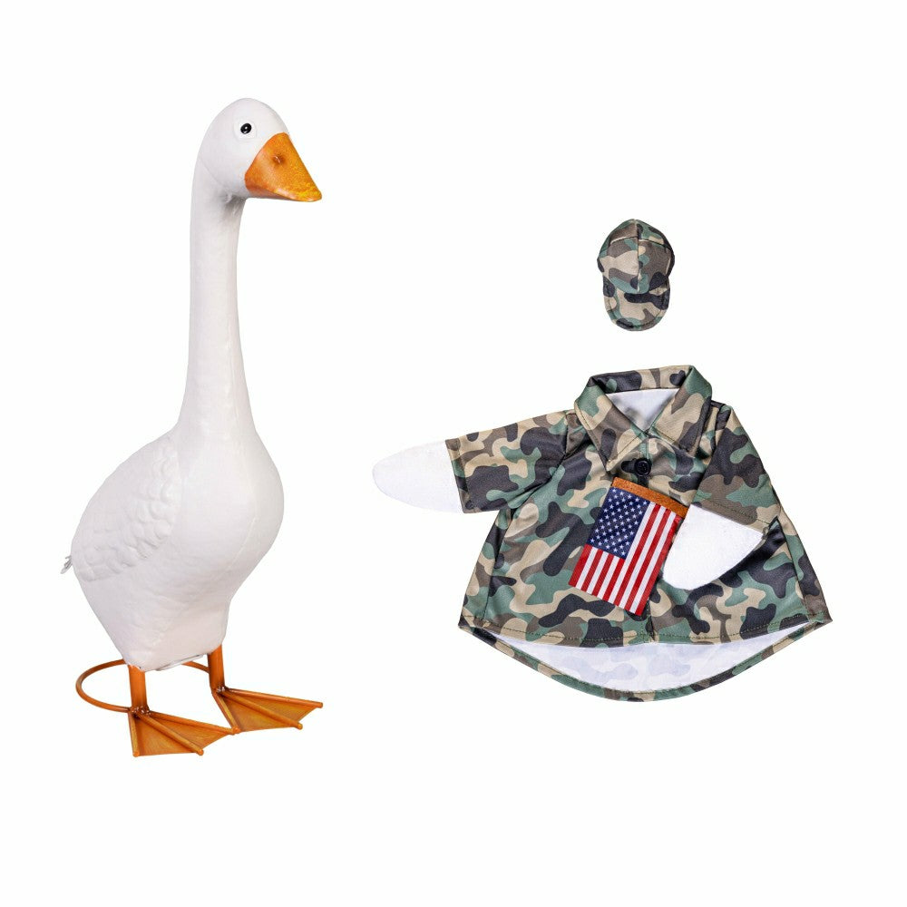 Plow & Hearth Giddy The Goose, Metal Porch Statue With Military Camo Outfit, 21"H
