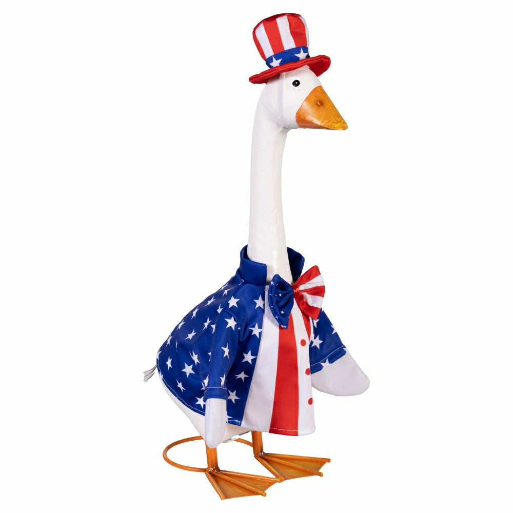 Plow & Hearth Giddy The Goose, Metal Porch Statue With Patriotic Boy Outfit, 21"H