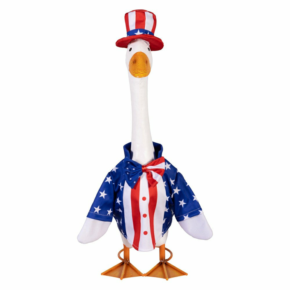 Plow & Hearth Giddy The Goose, Metal Porch Statue With Patriotic Boy Outfit, 21"H