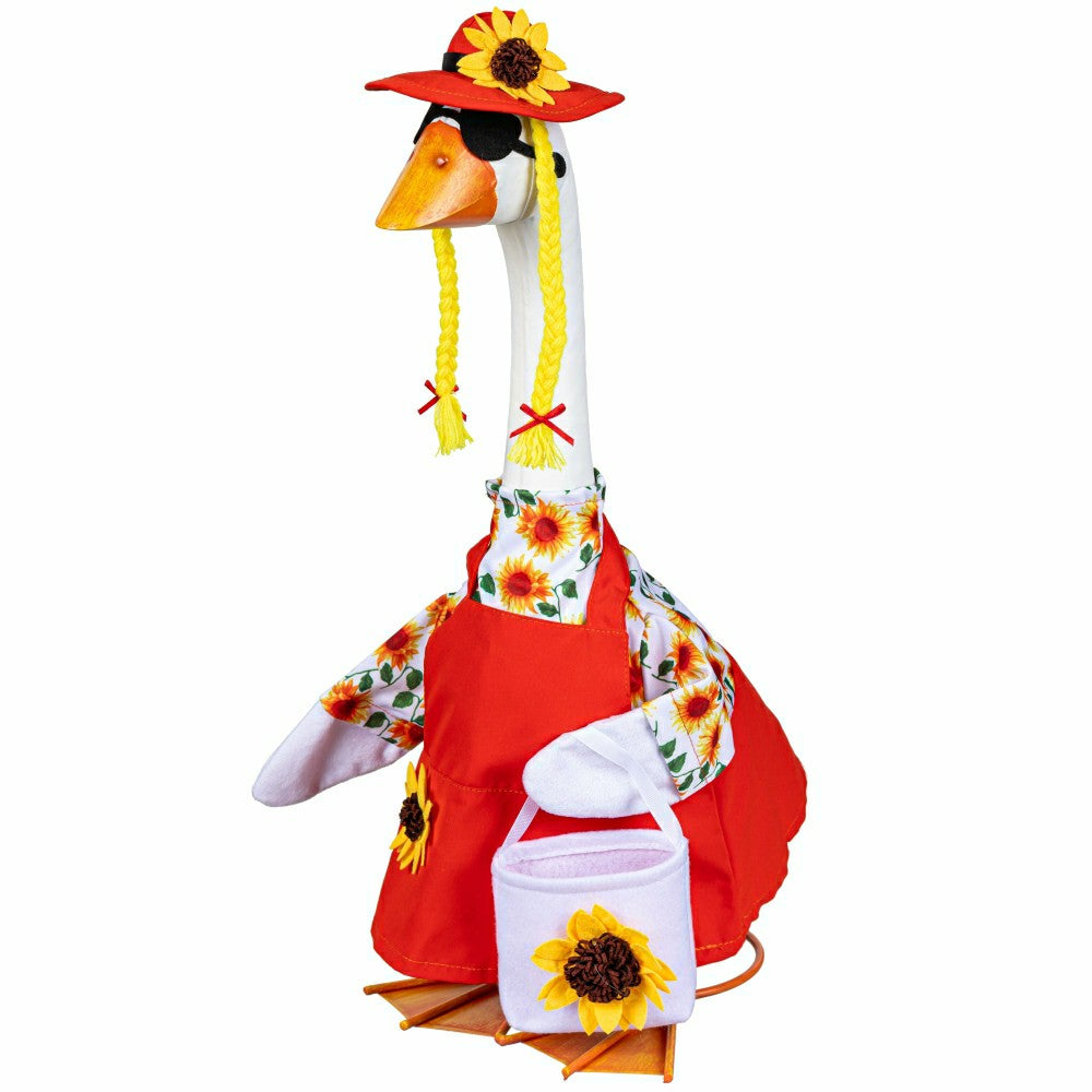 Plow & Hearth Giddy The Goose, Metal Porch Statue With Sunflower Dress Outfit, 21"H