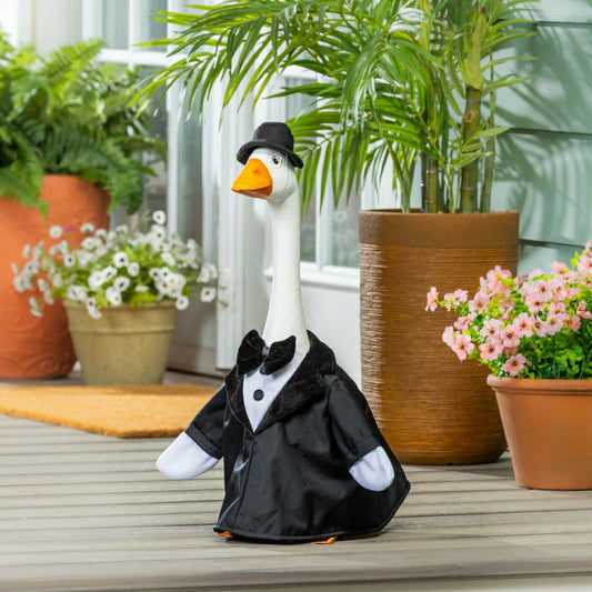 Plow & Hearth Giddy The Goose, Metal Porch Statue With Groom Outfit, 21"H