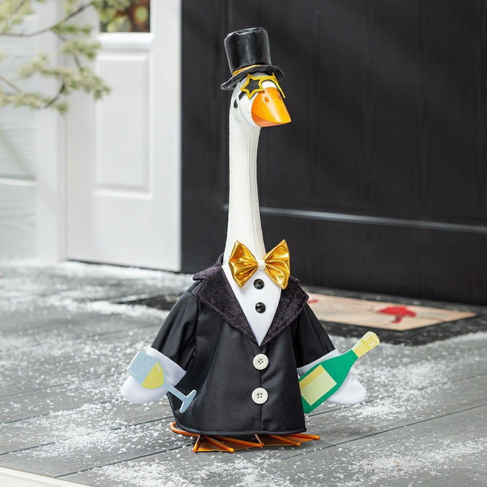 Plow & Hearth Giddy The Goose, Metal Porch Statue With Happy New Years Tux Outfit, 21"H