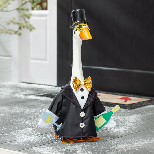 Plow & Hearth Giddy The Goose, Metal Porch Statue With Happy New Years Tux Outfit, 21"H