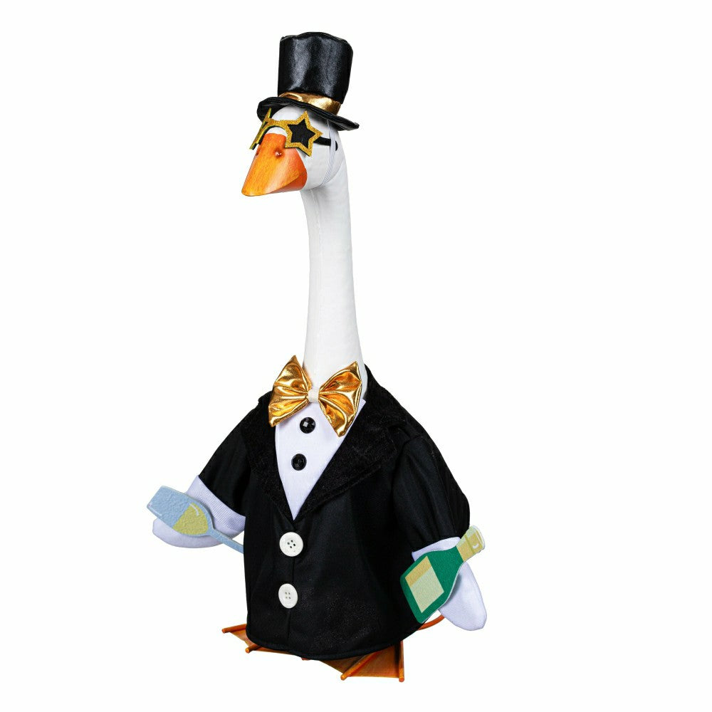 Plow & Hearth Giddy The Goose, Metal Porch Statue With Happy New Years Tux Outfit, 21"H