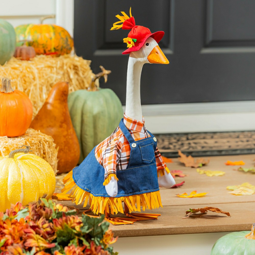 Plow & Hearth Giddy The Goose, Metal Porch Statue With Scarecrow Outfit, 21"H