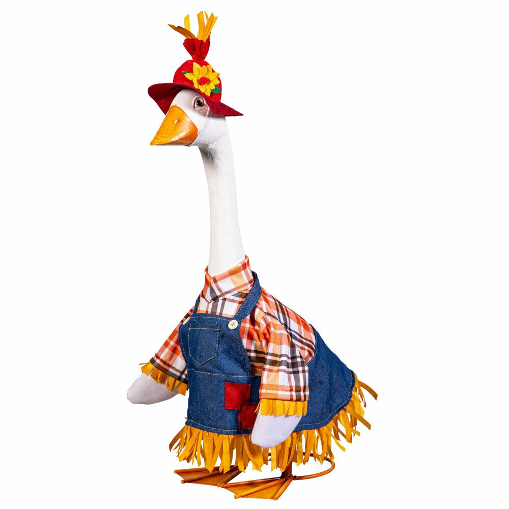 Plow & Hearth Giddy The Goose, Metal Porch Statue With Scarecrow Outfit, 21"H