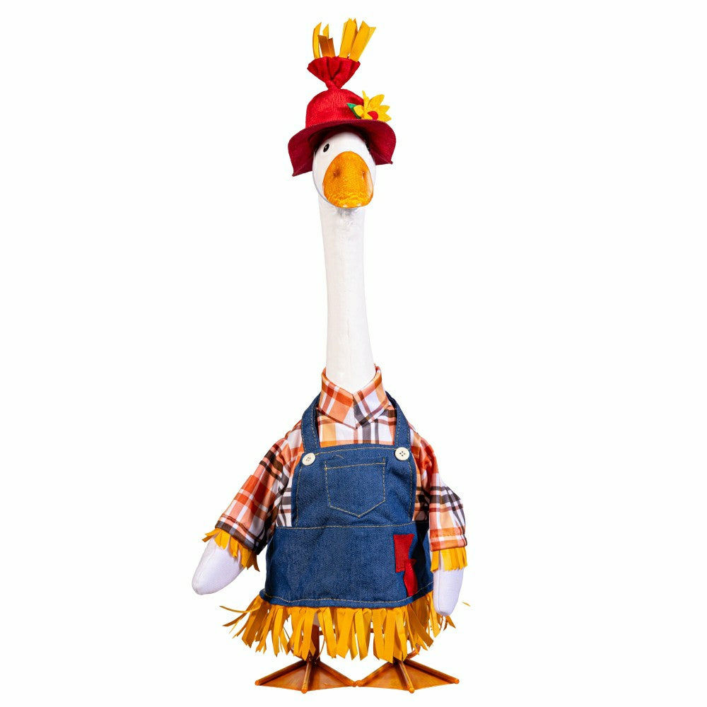Plow & Hearth Giddy The Goose, Metal Porch Statue With Scarecrow Outfit, 21"H