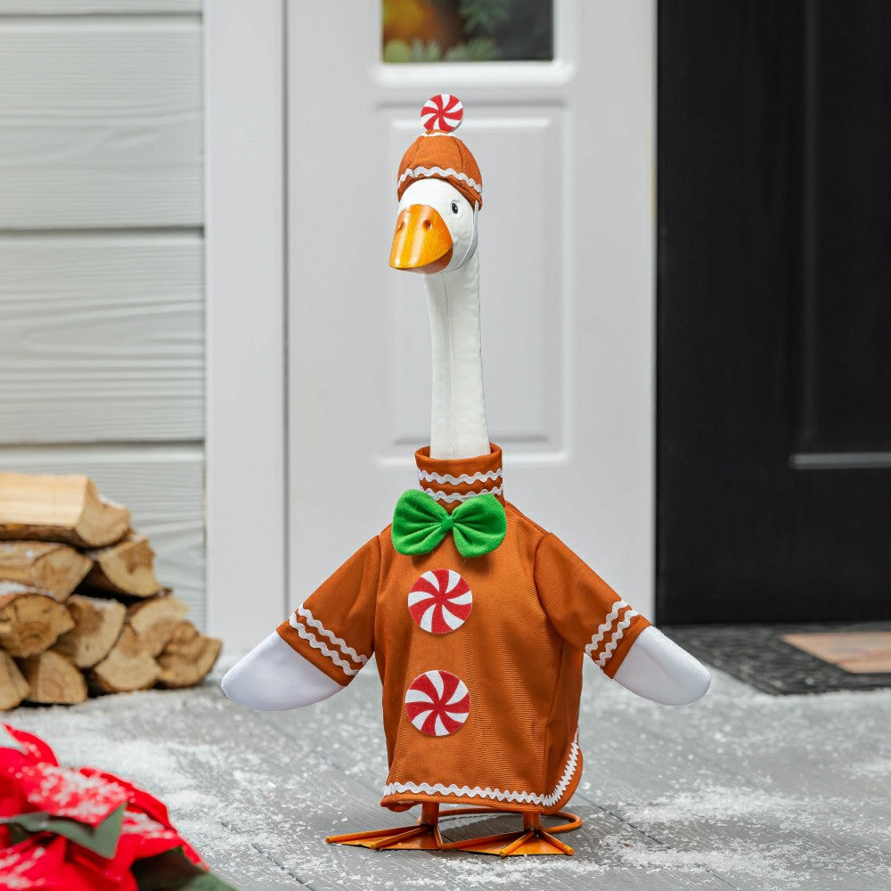 Plow & Hearth Giddy The Goose, Metal Porch Statue With Gingerbread Man Outfit, 21"H