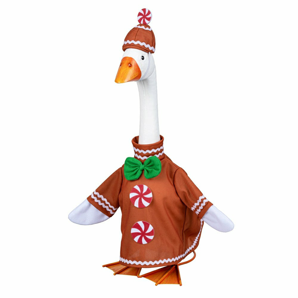 Plow & Hearth Giddy The Goose, Metal Porch Statue With Gingerbread Man Outfit, 21"H