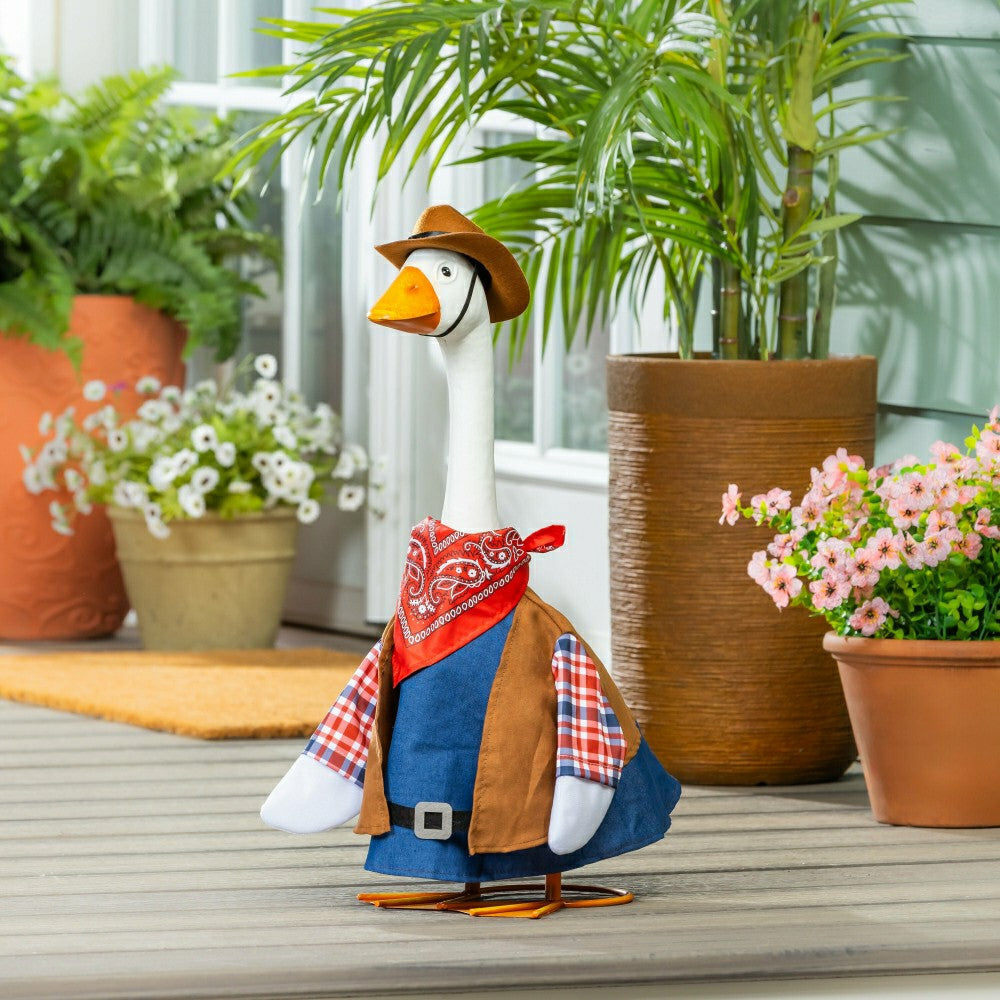 Plow & Hearth Giddy The Goose, Metal Porch Statue With Cowboy Outfit, 21"H