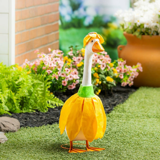 Plow & Hearth Giddy The Goose, Metal Porch Statue With Sunflower Outfit, 21"H