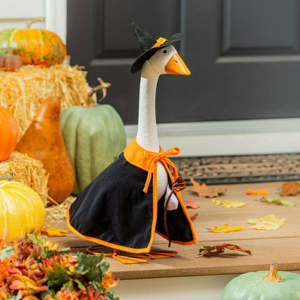 Plow & Hearth Giddy The Goose, Metal Porch Statue With Halloween Witch Outfit, 21"H