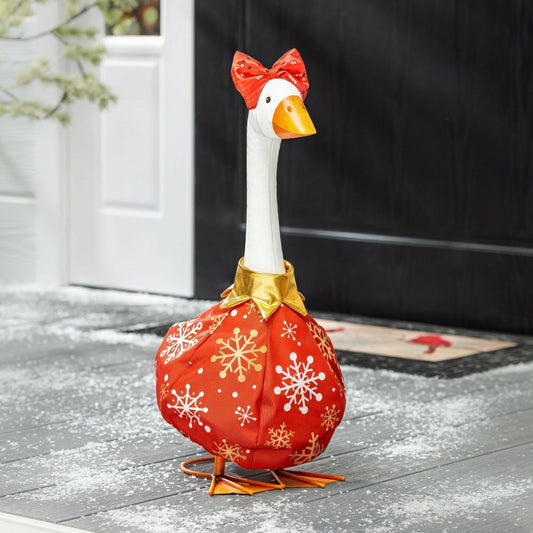 Plow & Hearth Giddy The Goose, Metal Porch Statue With Christmas Ornament Outifit, 21"H