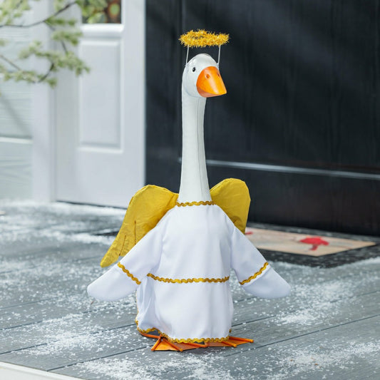 Plow & Hearth Giddy The Goose, Metal Porch Statue With Angel Outfit, 21"H
