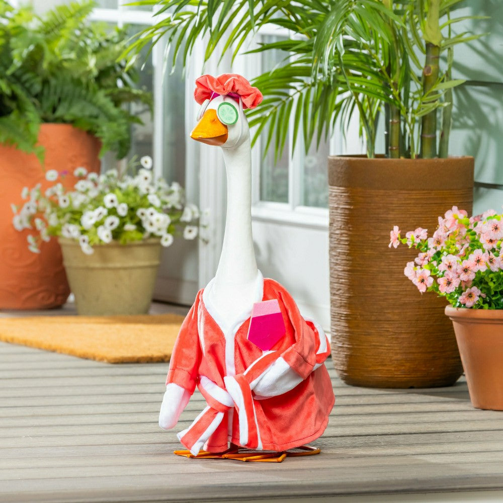 Plow & Hearth Giddy The Goose, Metal Porch Statue With Spa Day Outfit, 21"H