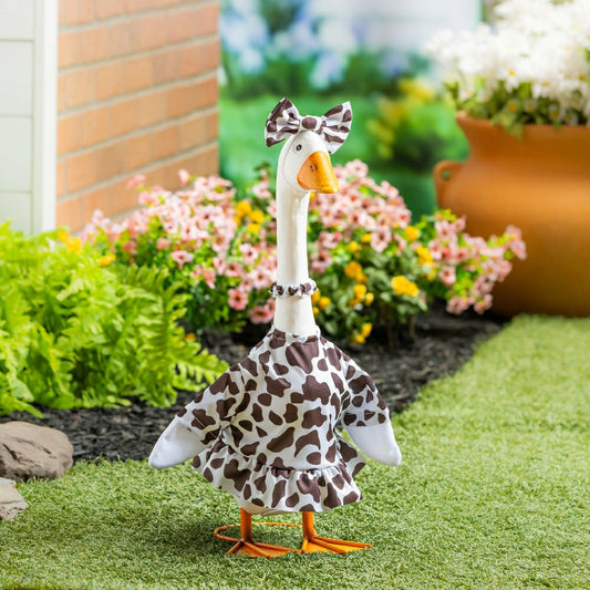 Plow & Hearth Giddy The Goose, Metal Porch Statue With Cow Print Outfit, 21"H
