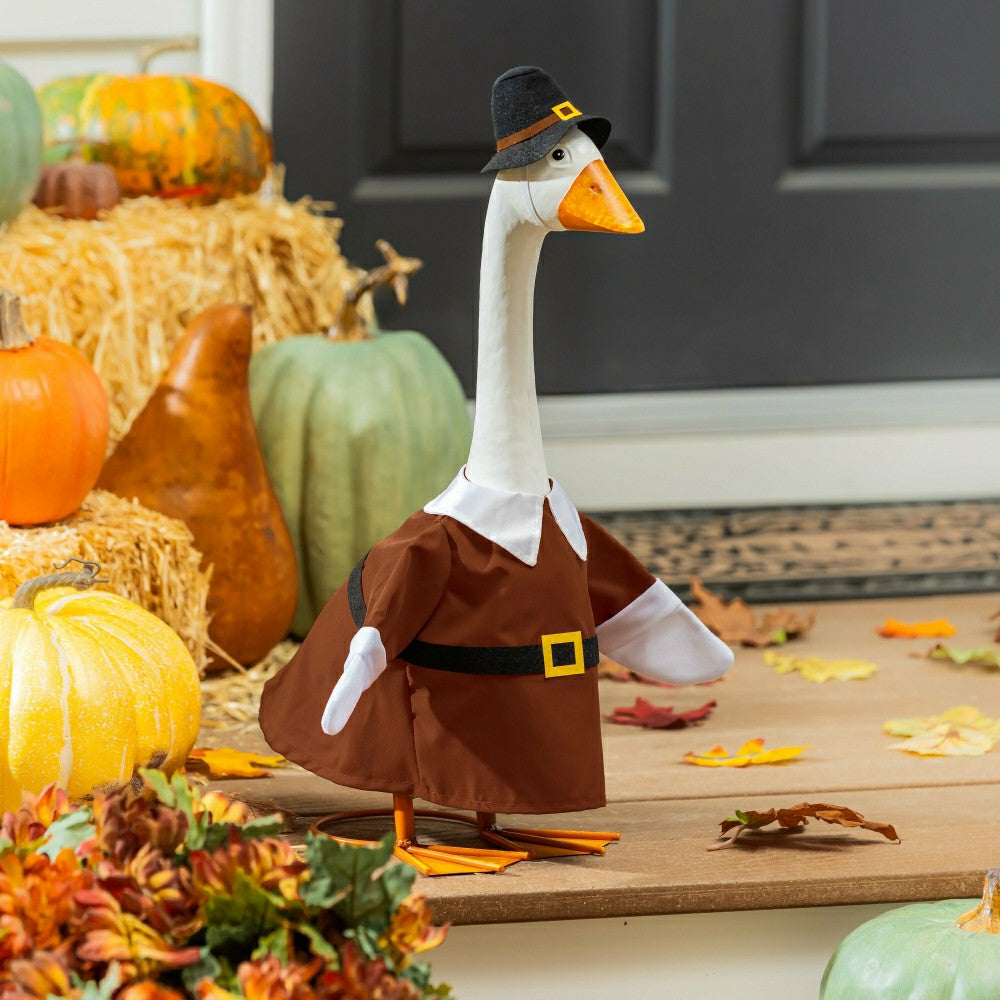 Plow & Hearth Giddy The Goose, Metal Porch Statue With Pilgrim Boy Outfit, 21"H