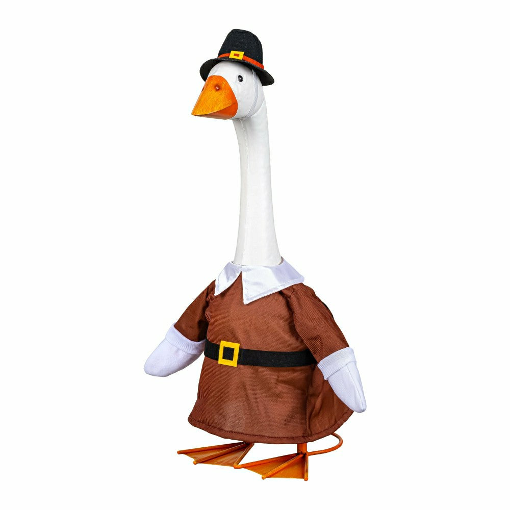 Plow & Hearth Giddy The Goose, Metal Porch Statue With Pilgrim Boy Outfit, 21"H