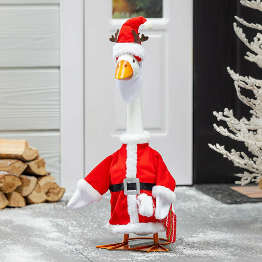 Plow & Hearth Giddy The Goose, Metal Porch Statue With Santa Outfit, 21"H