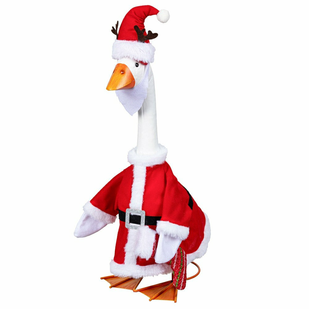 Plow & Hearth Giddy The Goose, Metal Porch Statue With Santa Outfit, 21"H