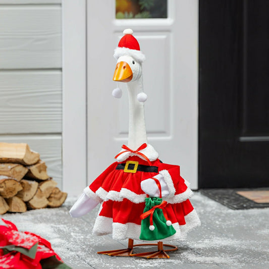 Plow & Hearth Giddy The Goose, Metal Porch Statue With Mrs. Claus Outfit, 21"H