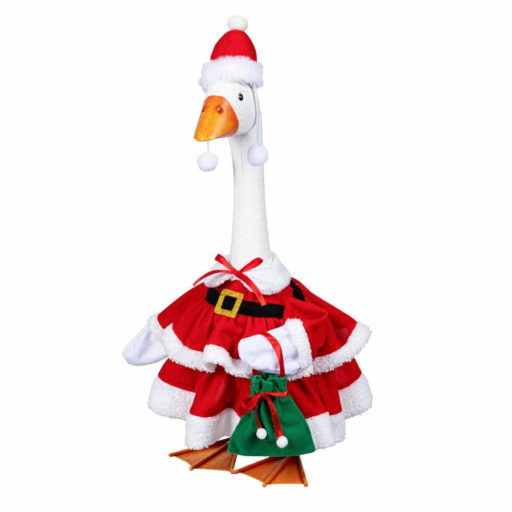 Plow & Hearth Giddy The Goose, Metal Porch Statue With Mrs. Claus Outfit, 21"H