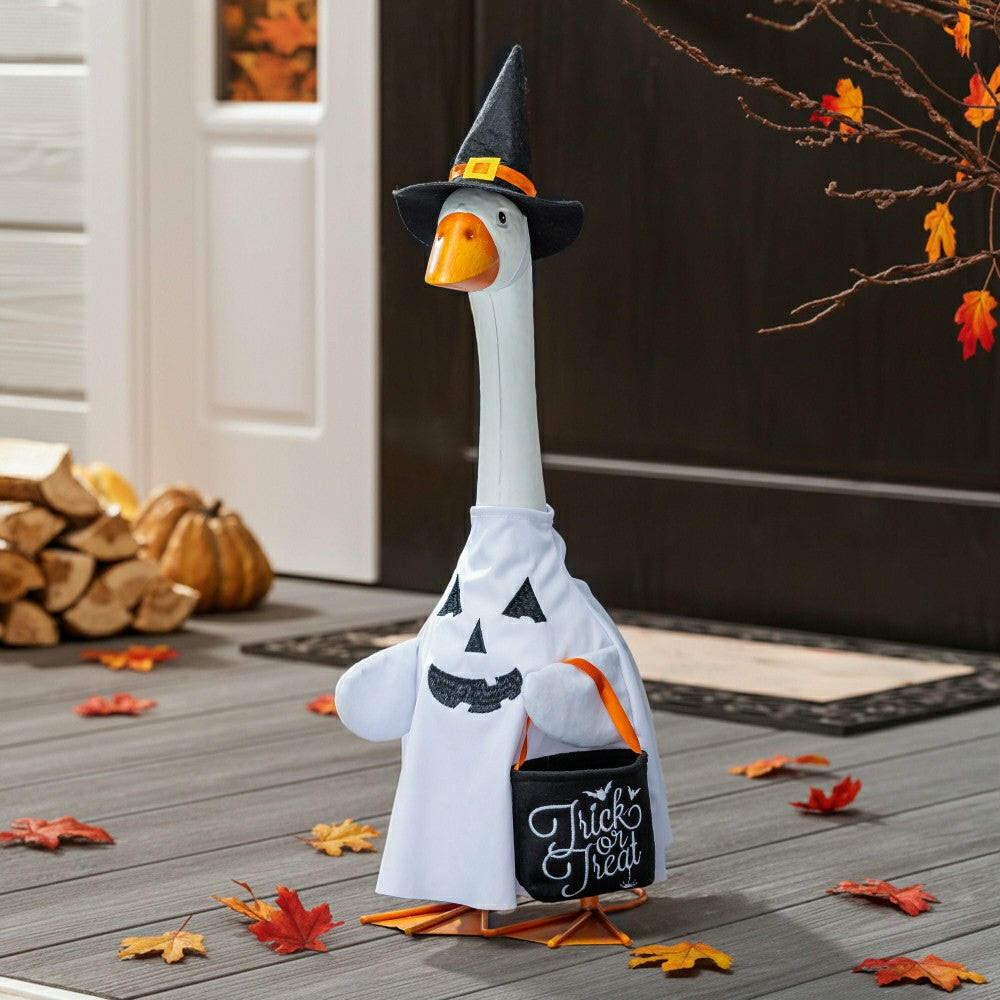 Plow & Hearth Giddy The Goose, Metal Porch Statue With Halloween Ghost Outfit, 21"H