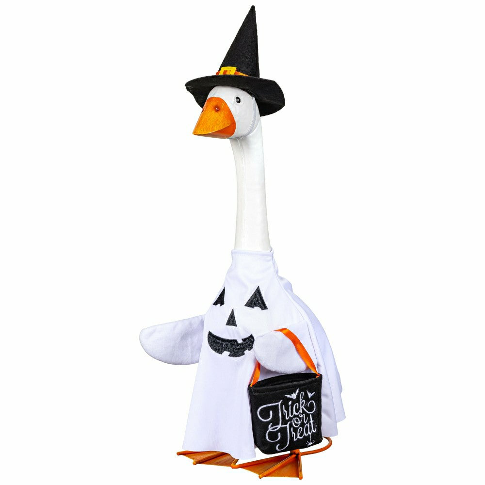 Plow & Hearth Giddy The Goose, Metal Porch Statue With Halloween Ghost Outfit, 21"H