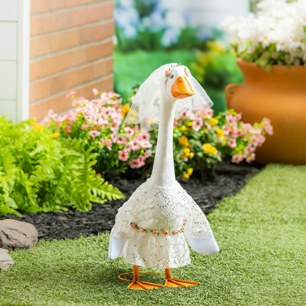 Plow & Hearth Giddy The Goose, Metal Porch Statue With Wedding Dress Outfit, 21"H