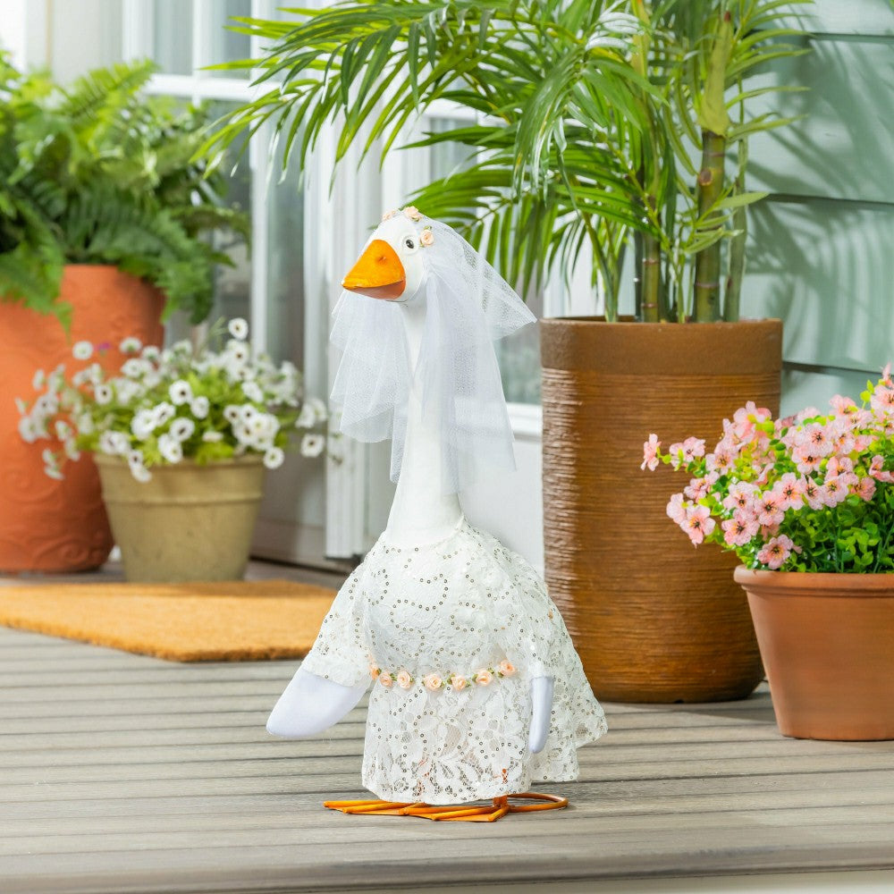Plow & Hearth Giddy The Goose, Metal Porch Statue With Wedding Dress Outfit, 21"H