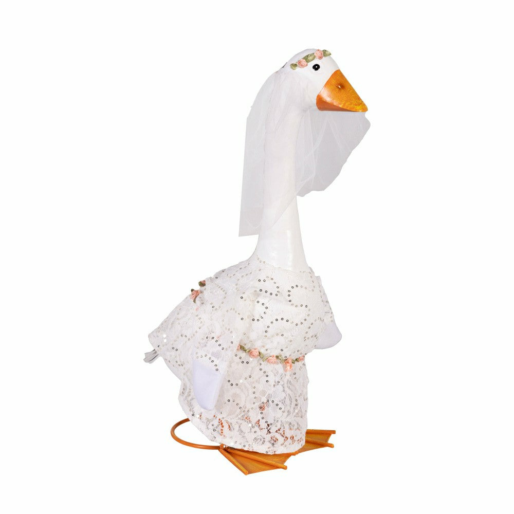 Plow & Hearth Giddy The Goose, Metal Porch Statue With Wedding Dress Outfit, 21"H