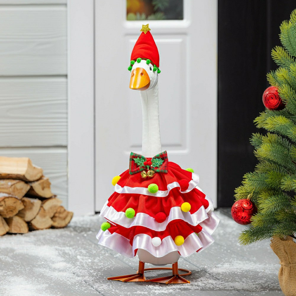 Plow & Hearth Giddy The Goose, Metal Porch Statue With Christmas Ruffles Outfit, 21"H
