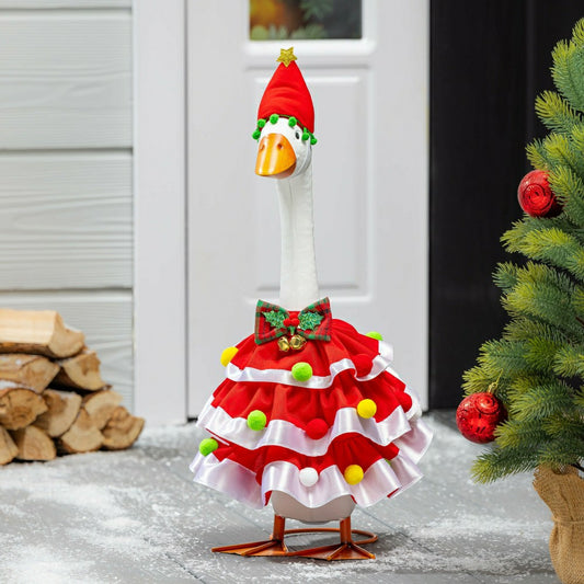 Plow & Hearth Giddy The Goose, Metal Porch Statue With Christmas Ruffles Outfit, 21"H