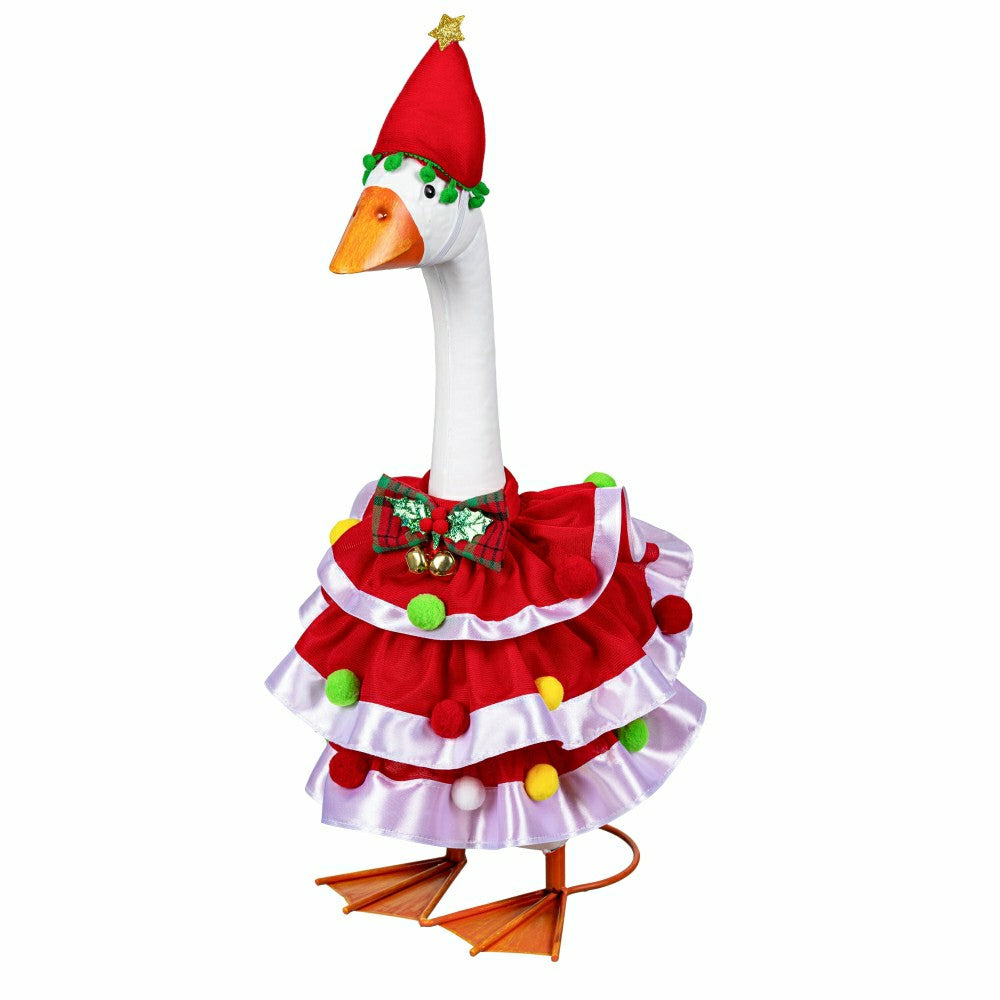 Plow & Hearth Giddy The Goose, Metal Porch Statue With Christmas Ruffles Outfit, 21"H