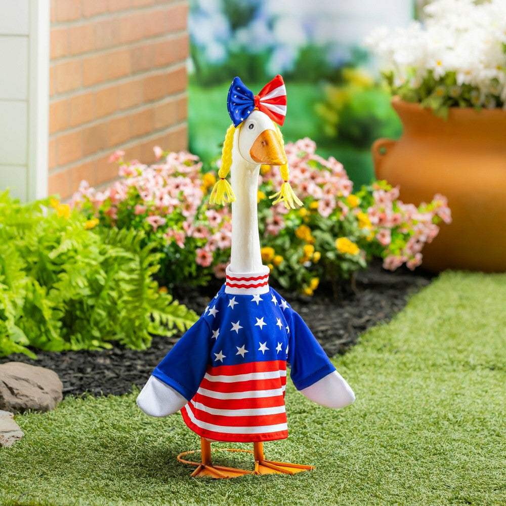 Plow & Hearth Giddy The Goose, Metal Porch Statue With Patriotic Girl Outfit, 21"H