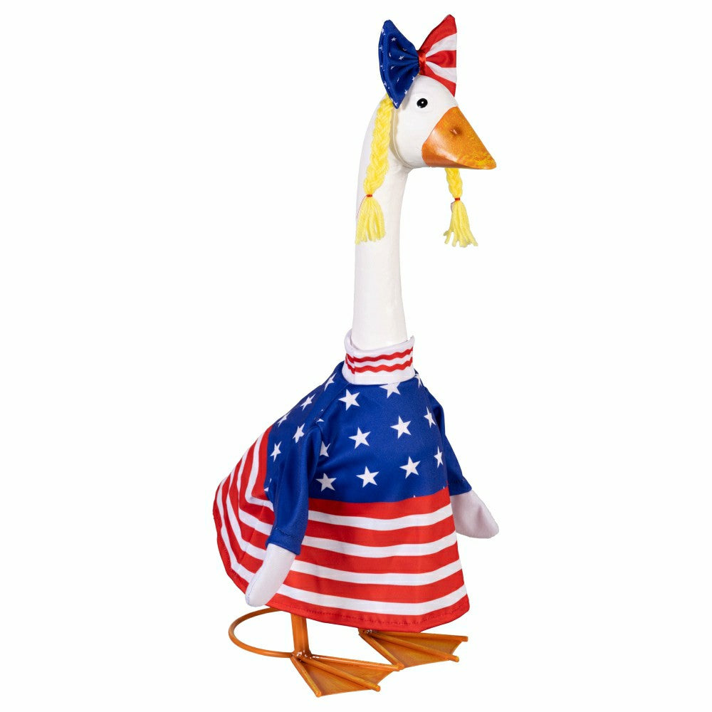 Plow & Hearth Giddy The Goose, Metal Porch Statue With Patriotic Girl Outfit, 21"H