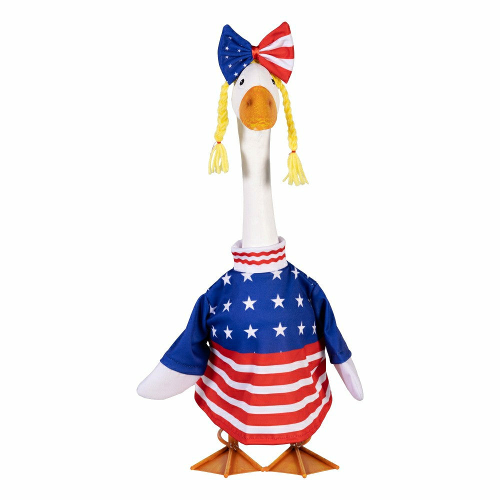 Plow & Hearth Giddy The Goose, Metal Porch Statue With Patriotic Girl Outfit, 21"H