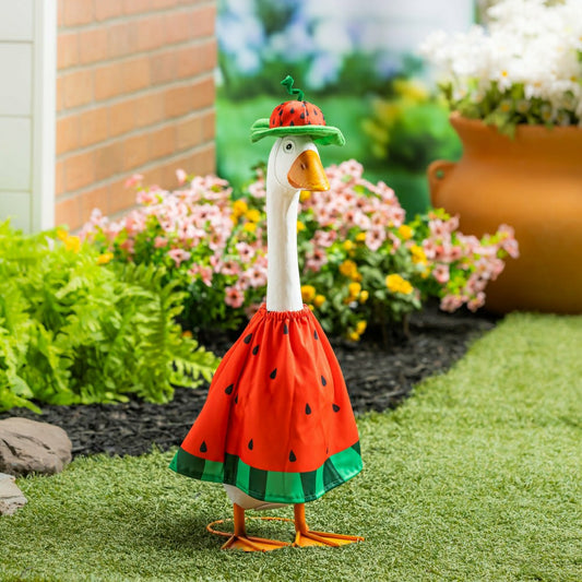 Plow & Hearth Giddy The Goose, Metal Porch Statue With Watermelon Outfit, 21"H