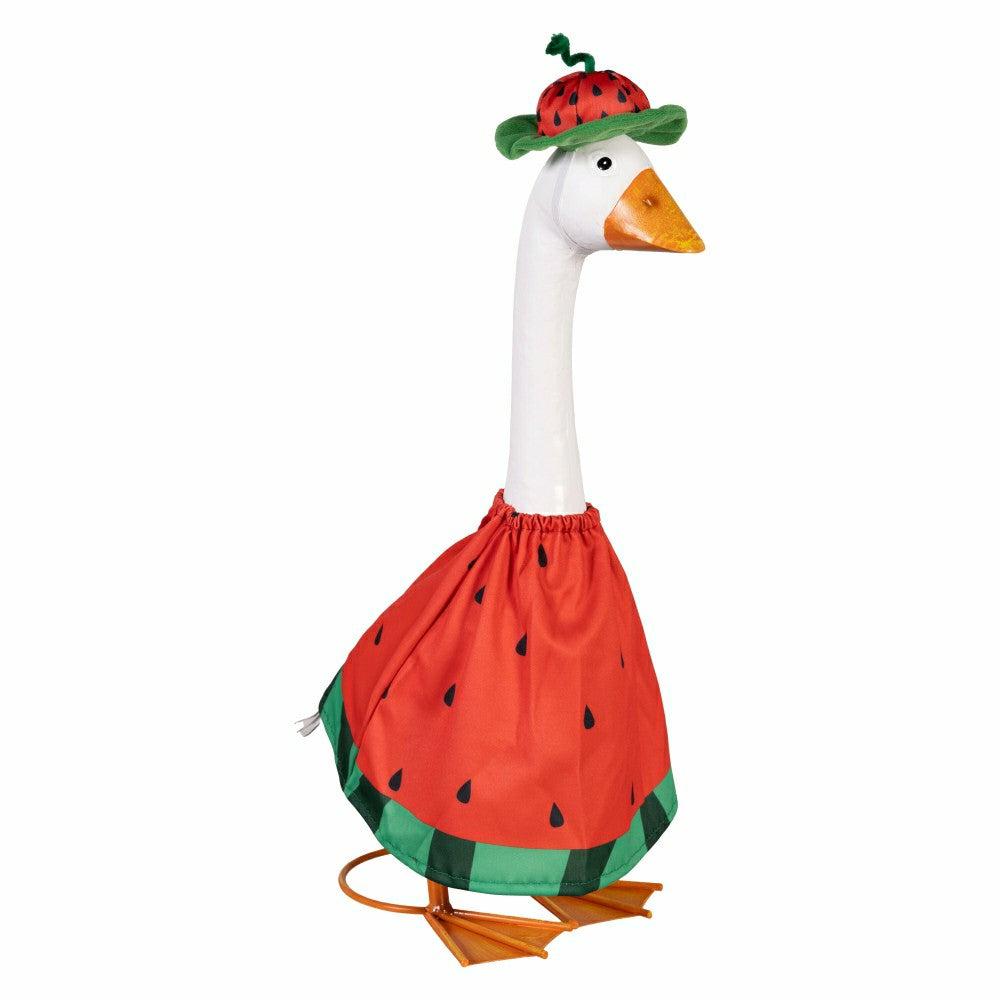 Plow & Hearth Giddy The Goose, Metal Porch Statue With Watermelon Outfit, 21"H