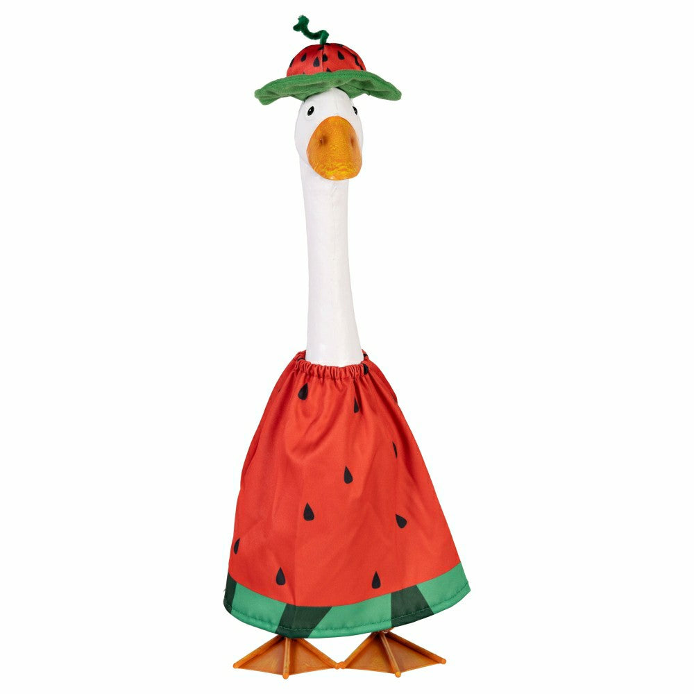 Plow & Hearth Giddy The Goose, Metal Porch Statue With Watermelon Outfit, 21"H