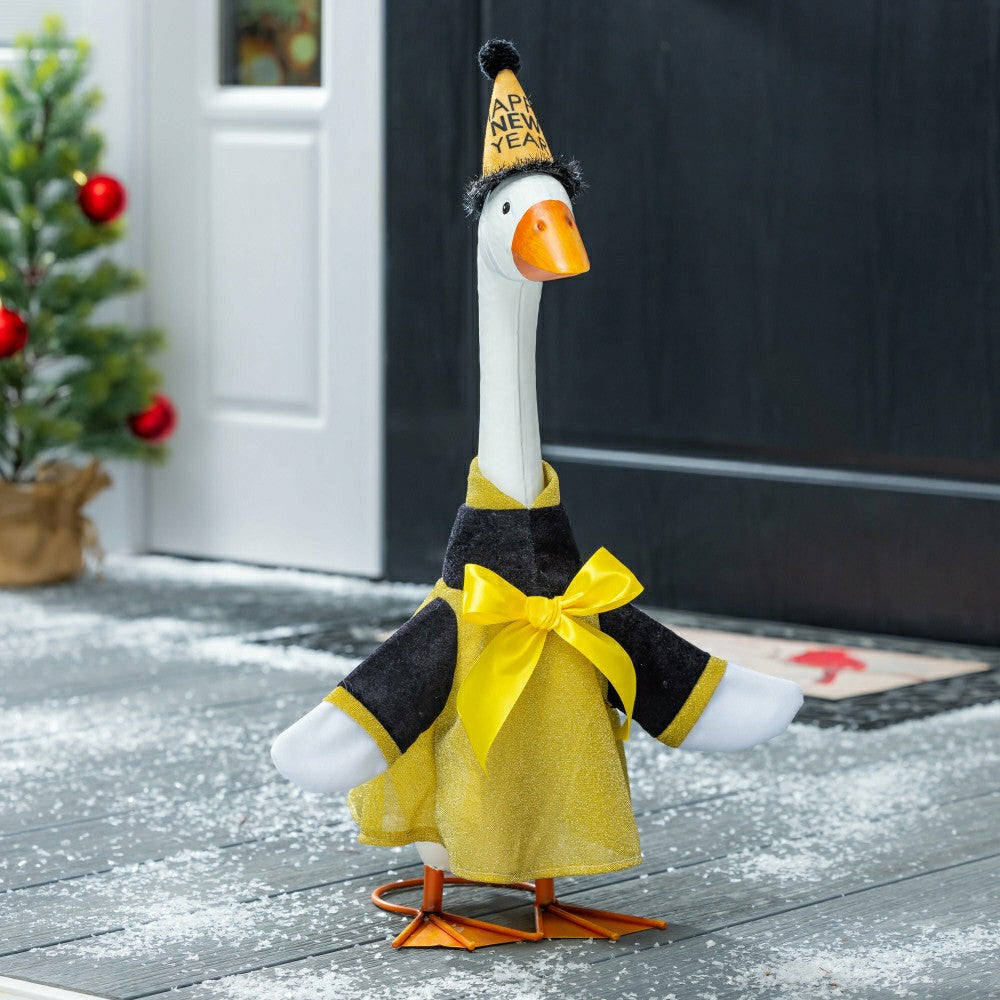 Plow & Hearth Giddy The Goose, Metal Porch Statue With Happy New Years Dress Outfit, 21"H
