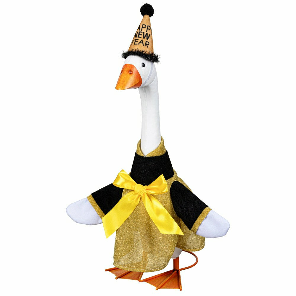 Plow & Hearth Giddy The Goose, Metal Porch Statue With Happy New Years Dress Outfit, 21"H