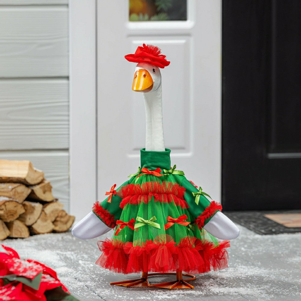 Plow & Hearth Giddy The Goose, Metal Porch Statue With Holiday Red and Green Outfit, 21"H